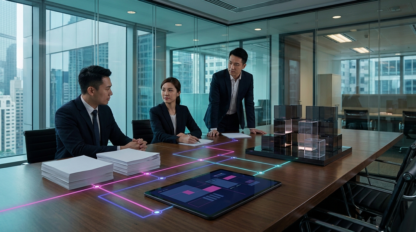 Regulated digital infrastructure layers represented in an institutional architecture room